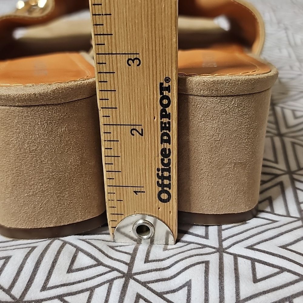 Lisa Vicky 6 Platform Slide Tan Suede Block Heel Mules Sandal Chunky Gold Chain - Picture 9 of 10